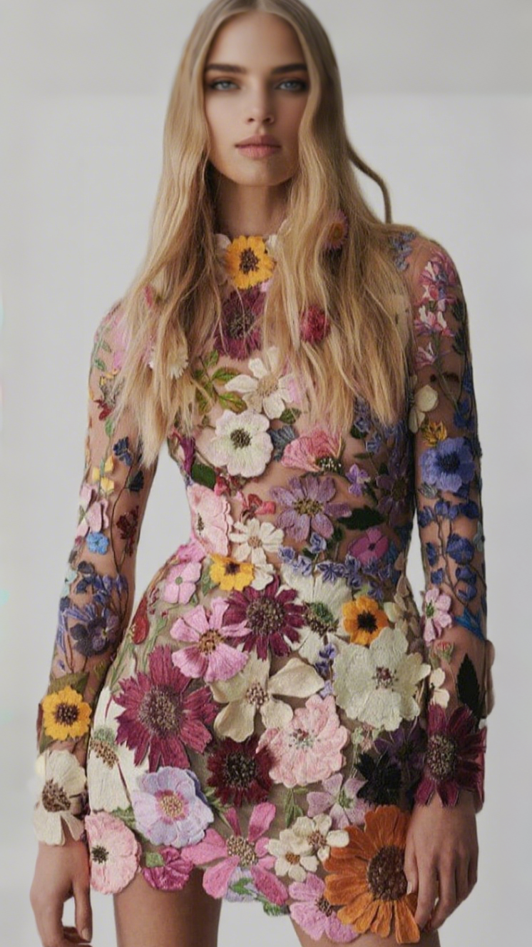 Embroidered Flower Long Sleeve Mini Dress