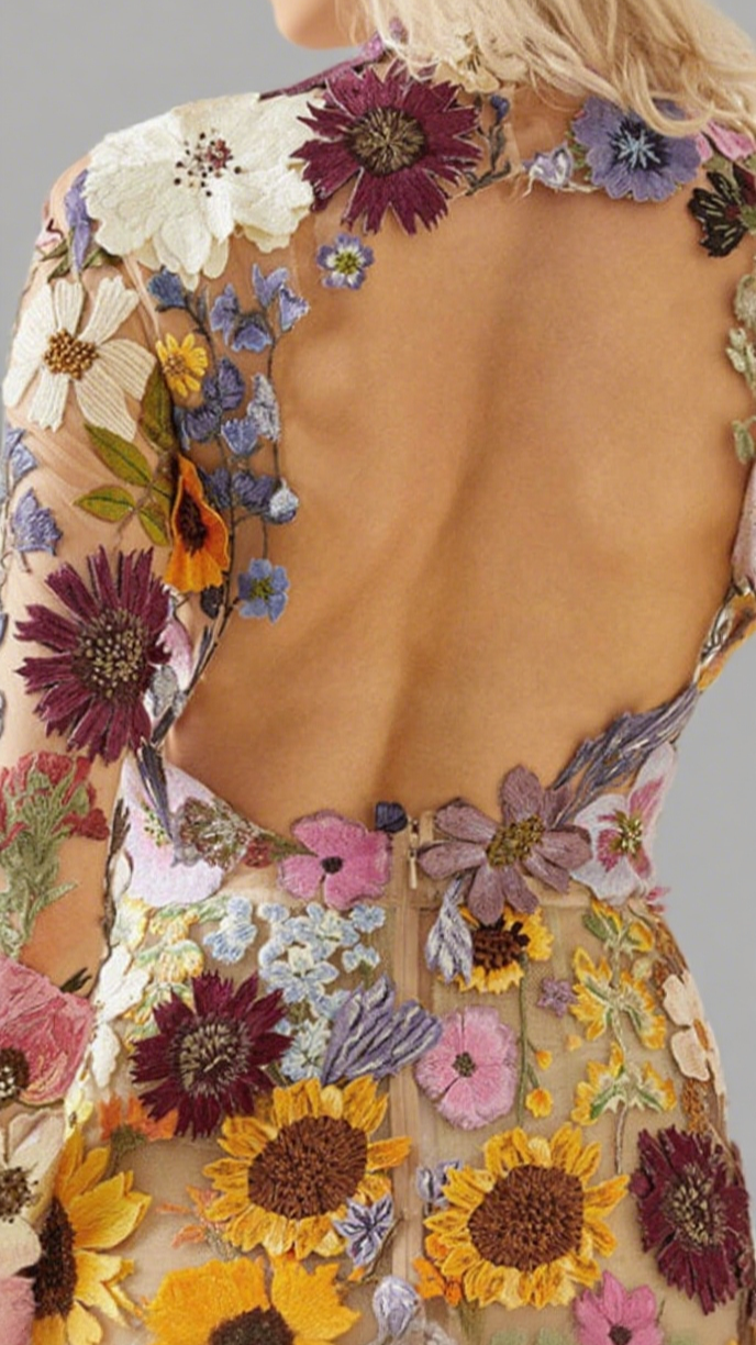 Embroidered Flower Long Sleeve Mini Dress