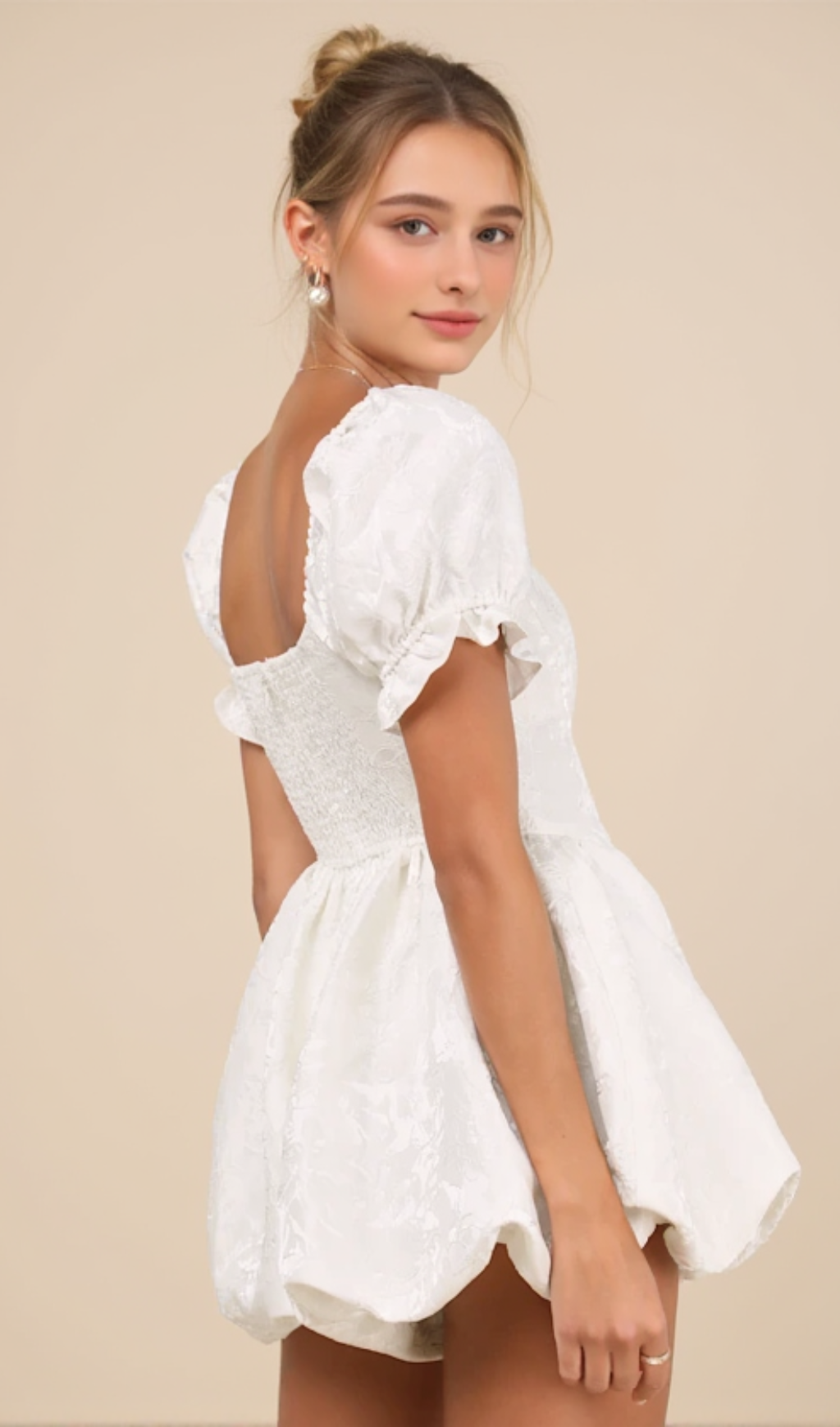 Princess Aesthetic Ivory Floral Jacquard Bubble-Hem Romper