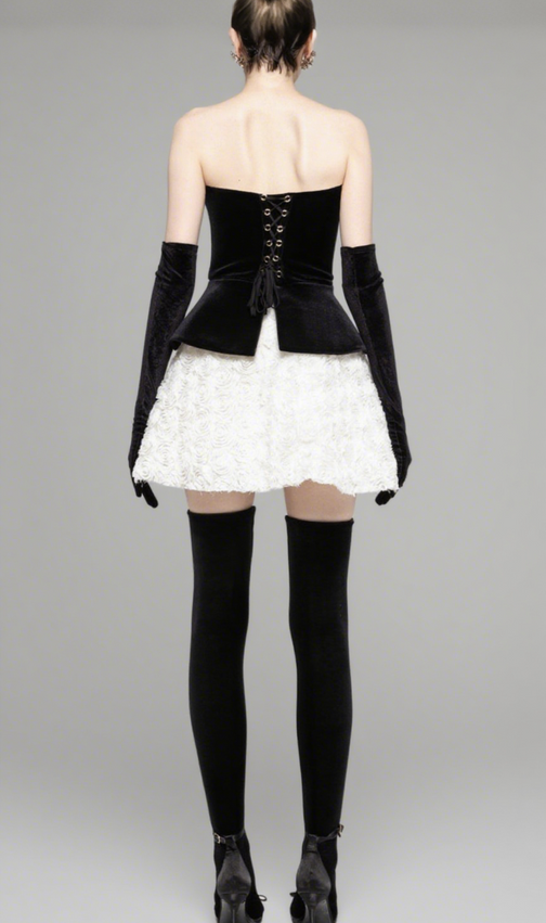 Velvet & 3D Floral Strapless Mini Dress Set - Black & White