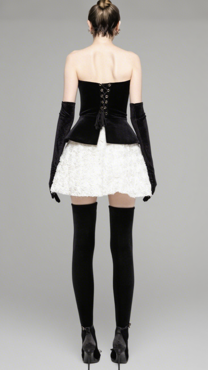 Velvet & 3D Floral Strapless Mini Dress Set - Black & White
