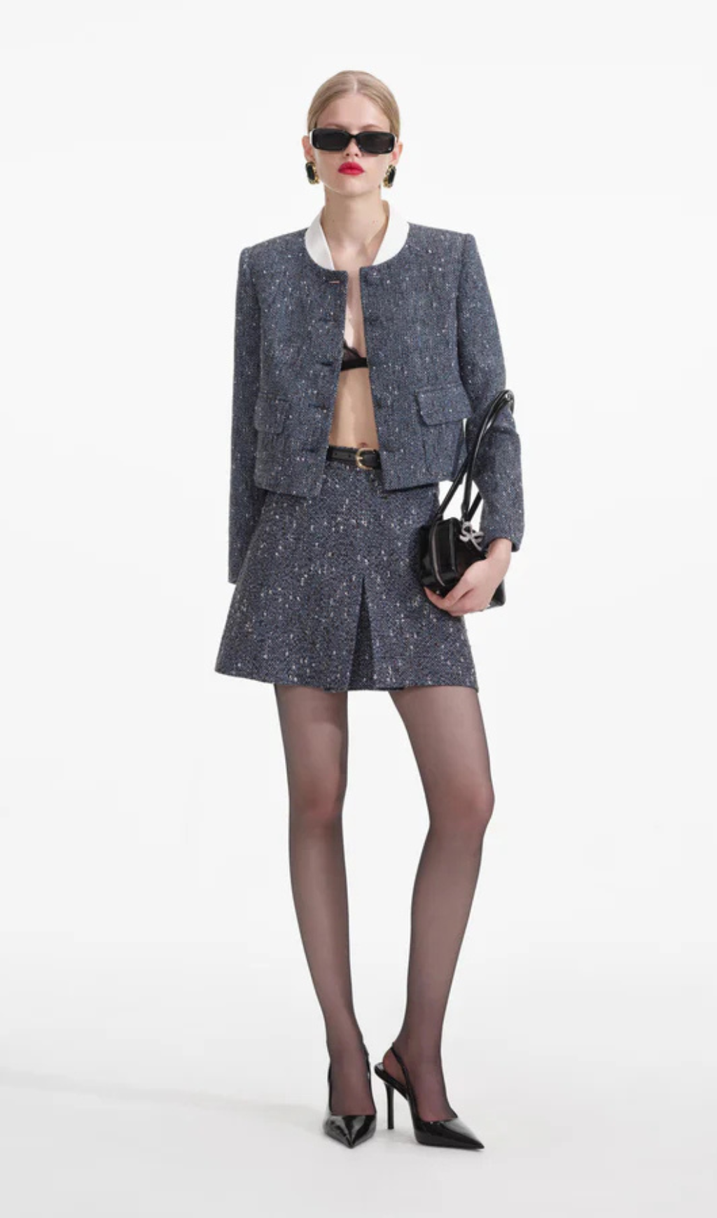 blue boucle mini skirt