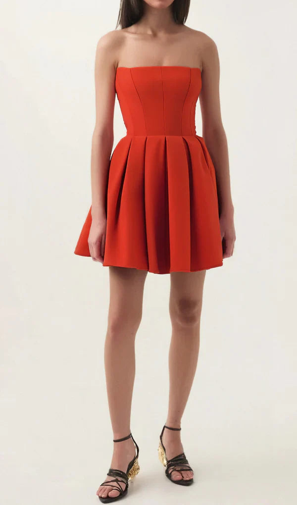 tomato red strapless pleated mini dress