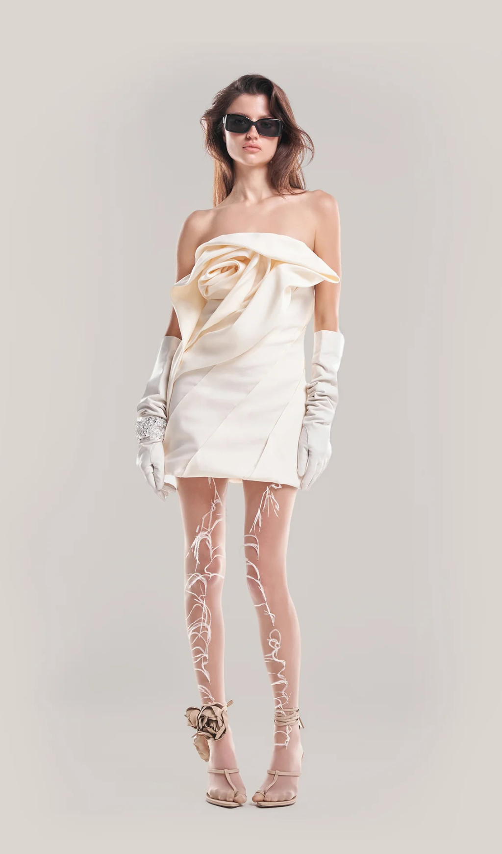 Alisa strapless flower mini dress in apricot