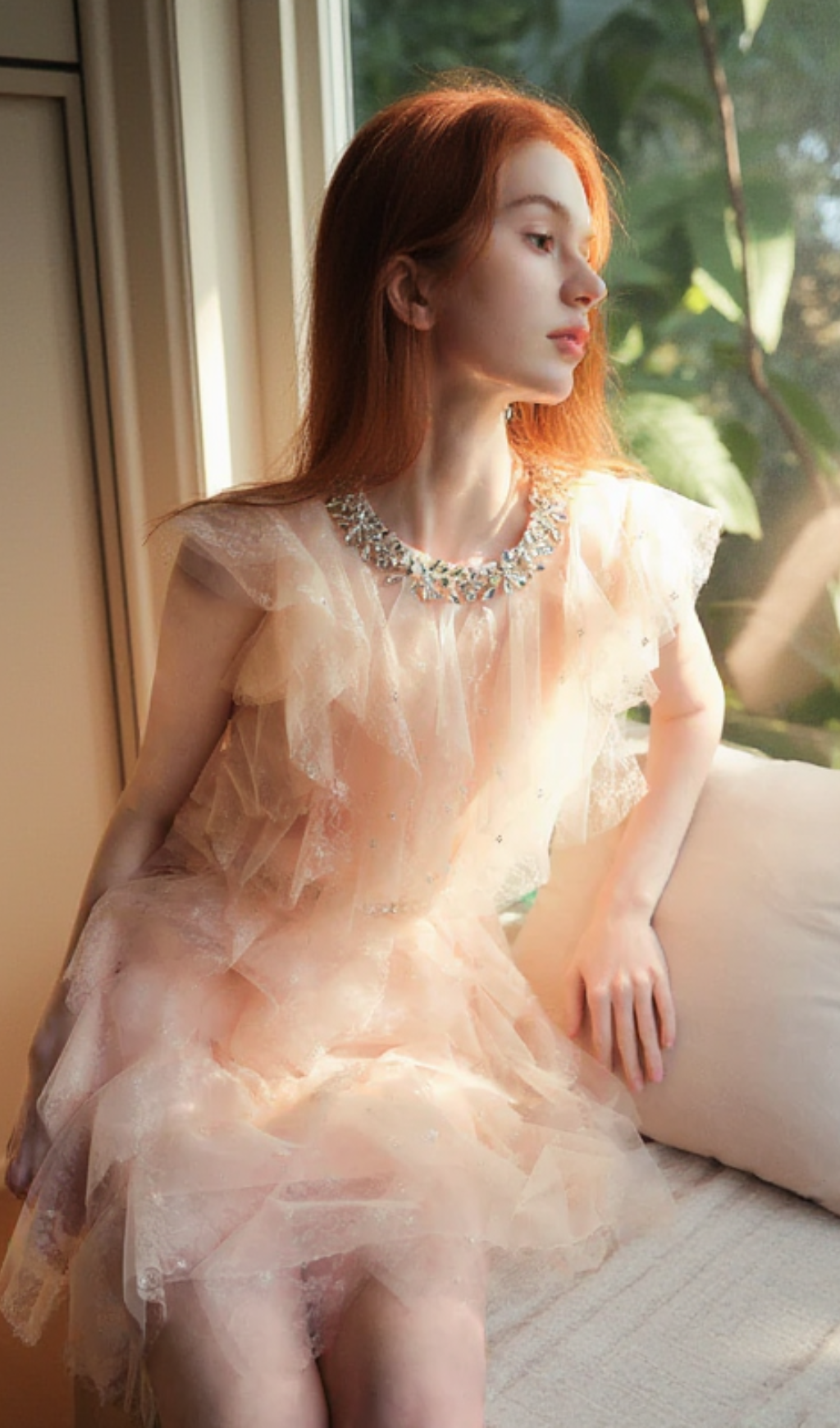 Crystal Embellished Ruffle mini Dress in pale pink