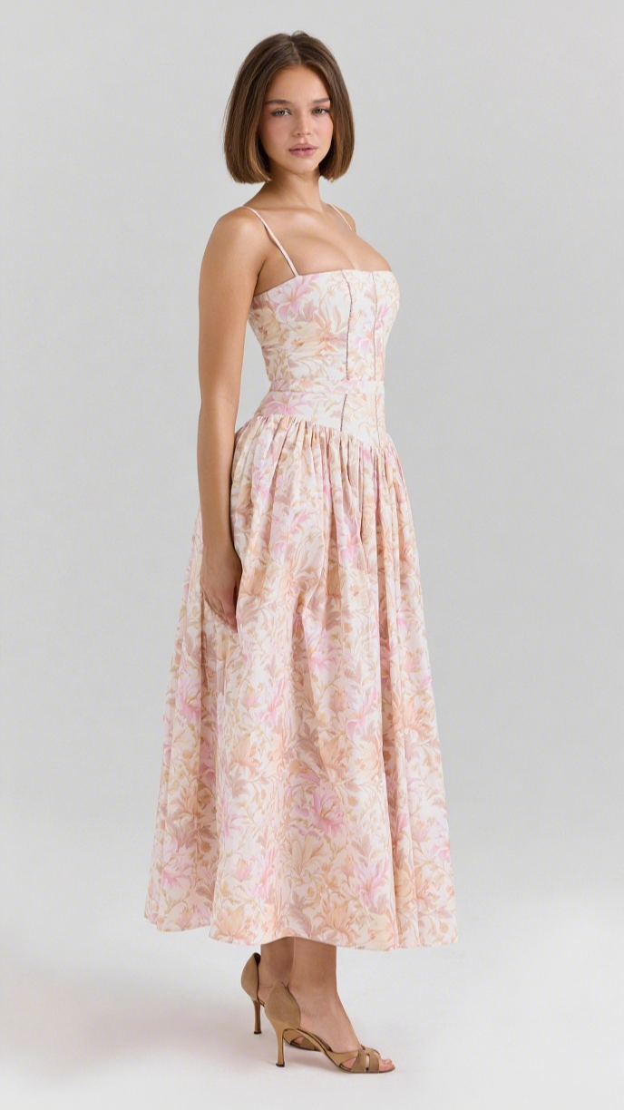 PEACH FLORAL STRETCH COTTON MIDI DRESS