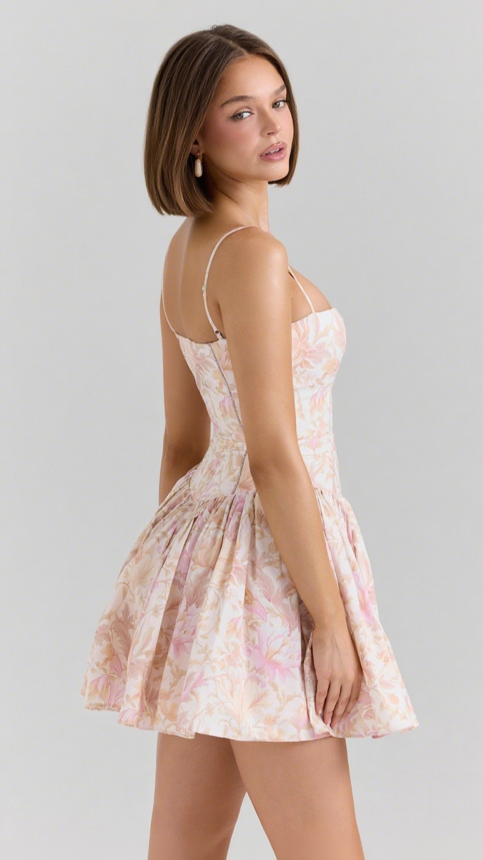 PEACH FLORAL STRETCH COTTON MINI DRESS