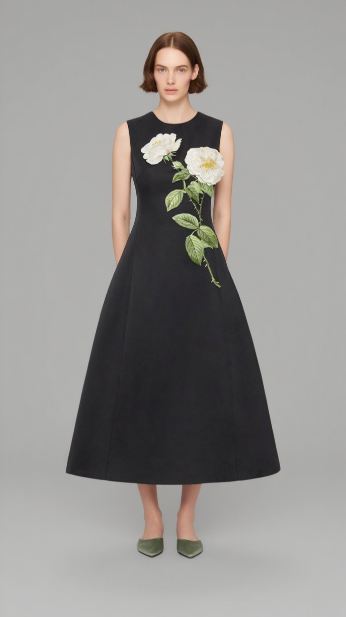 kate floral print Embellished Sleeveless Midi Dress in black