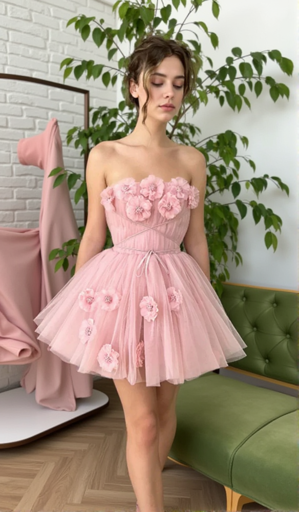 FLOWER-APPLIQUÉ STRAPLESS MINI DRESS IN PINK