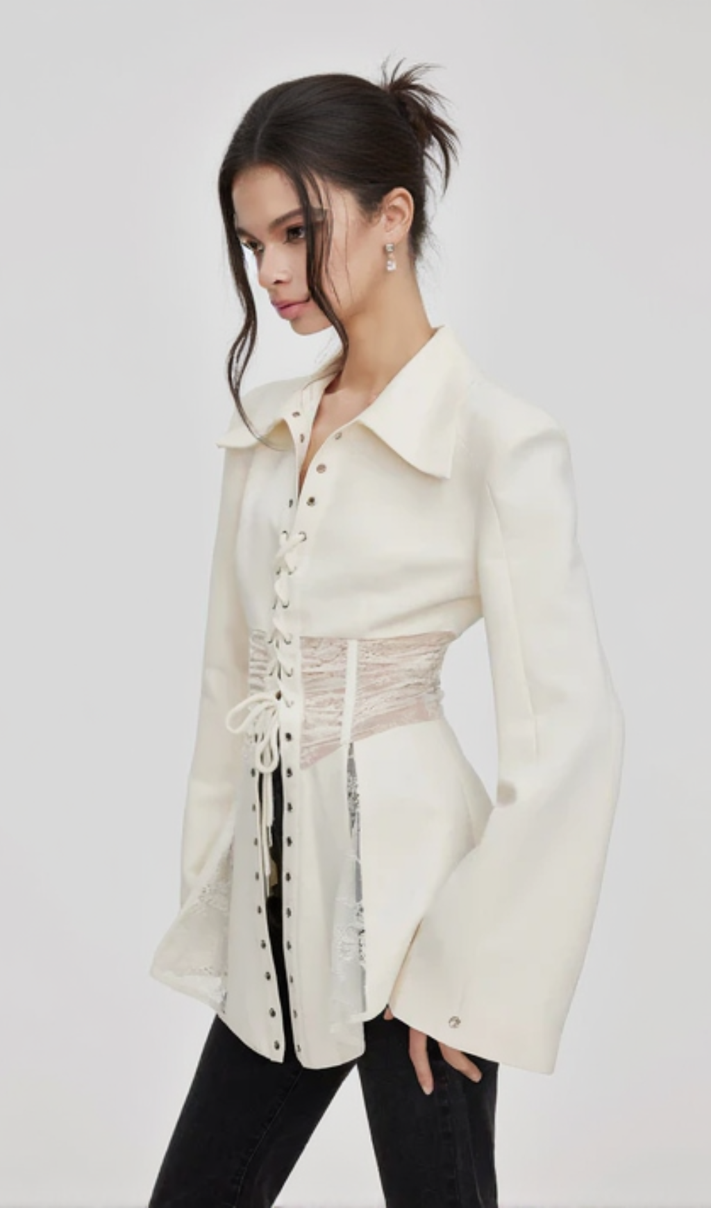 Melany See Through Lace Up Shirt in White
