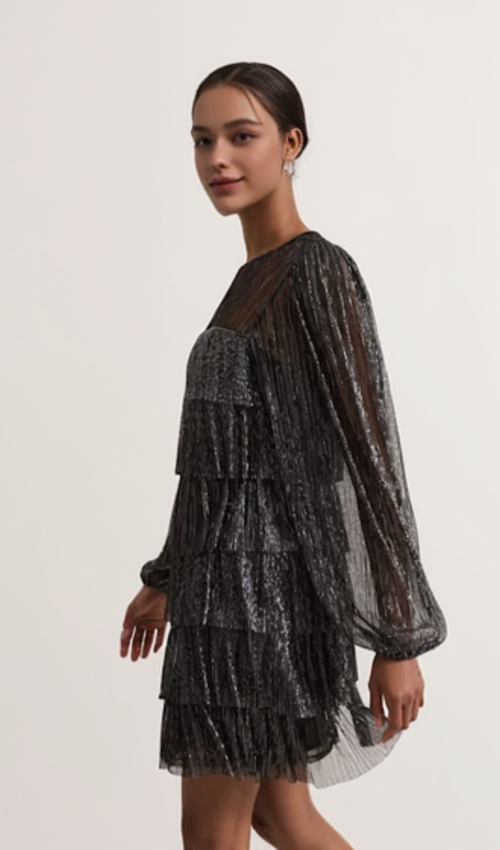 layer chiffon puff mini dress in black