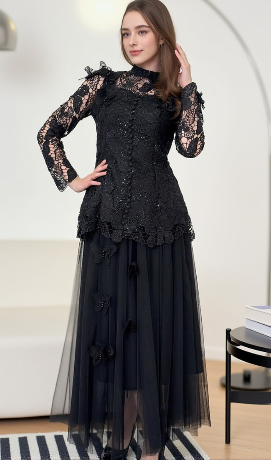 flower embroidery mesh skirt set