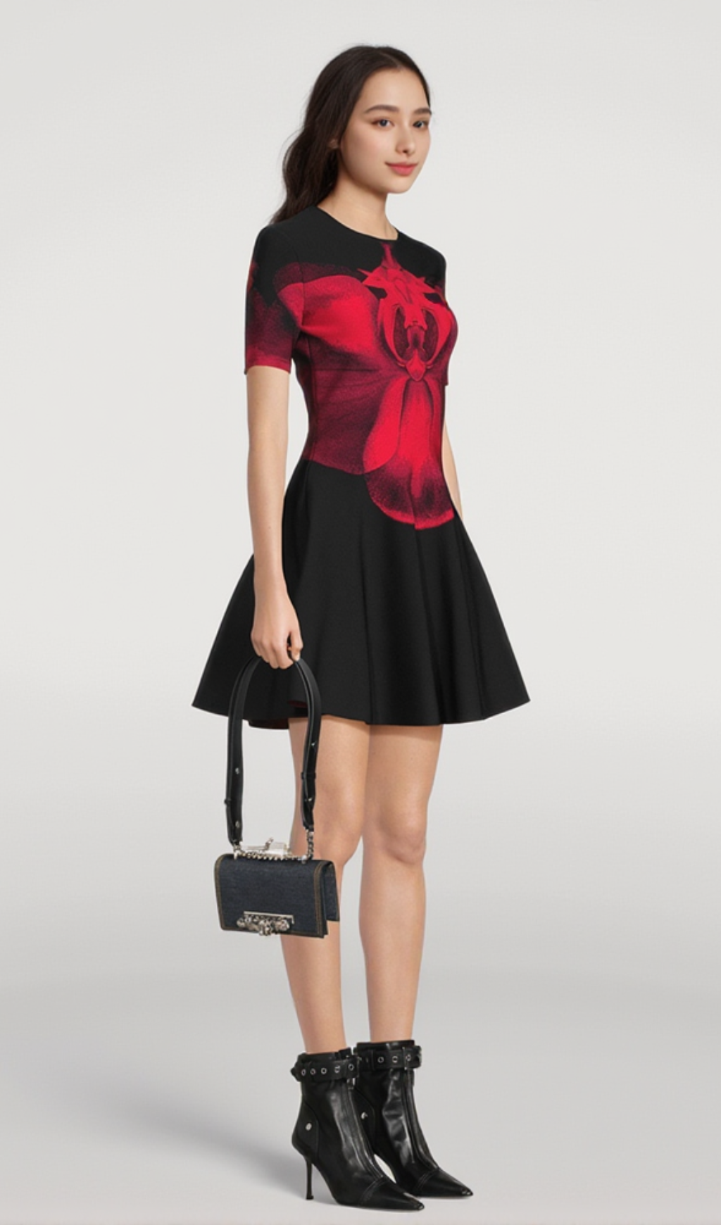Jacquard-knit mini dress in black