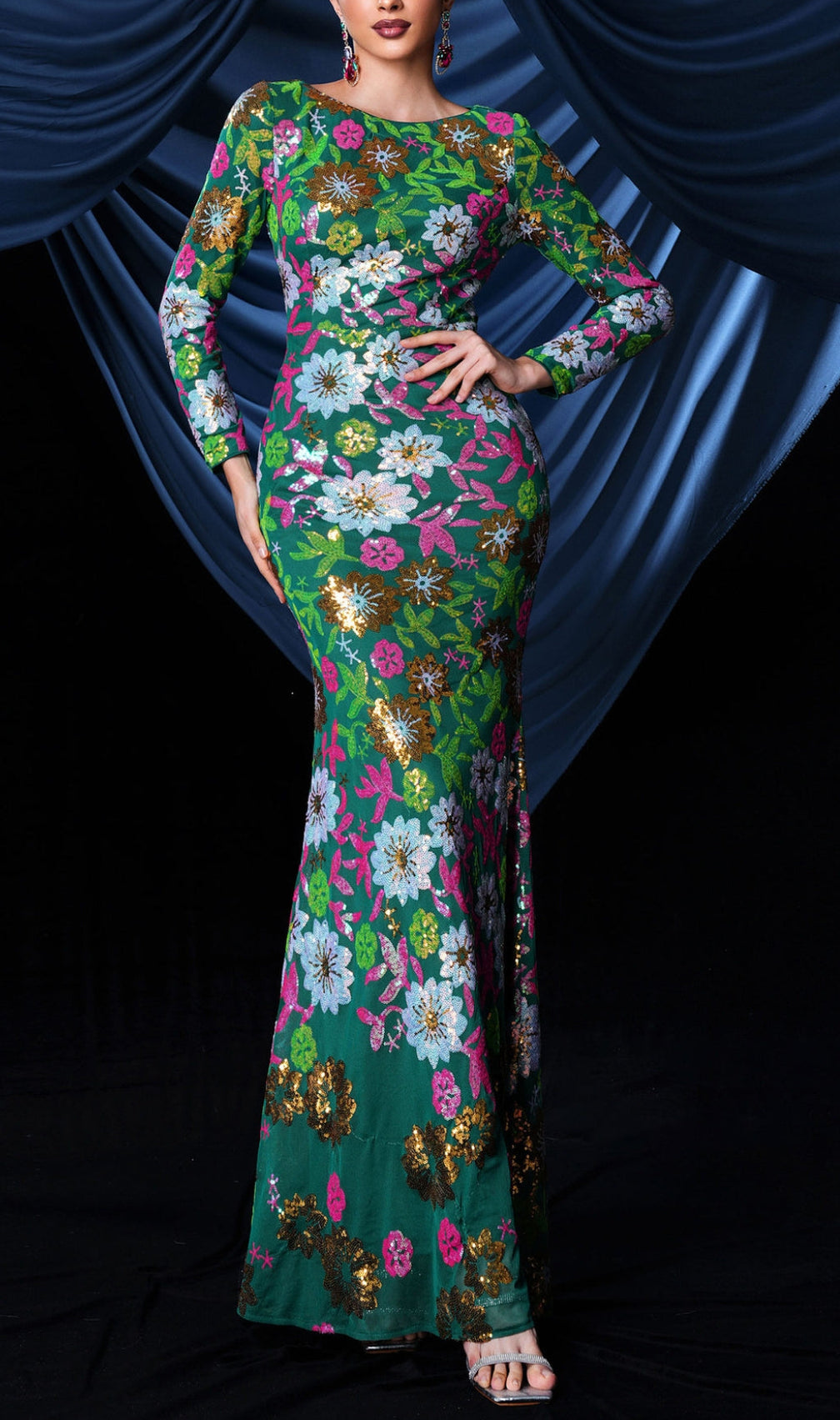 Belle Sequiin Long Sleeve Flower Gown