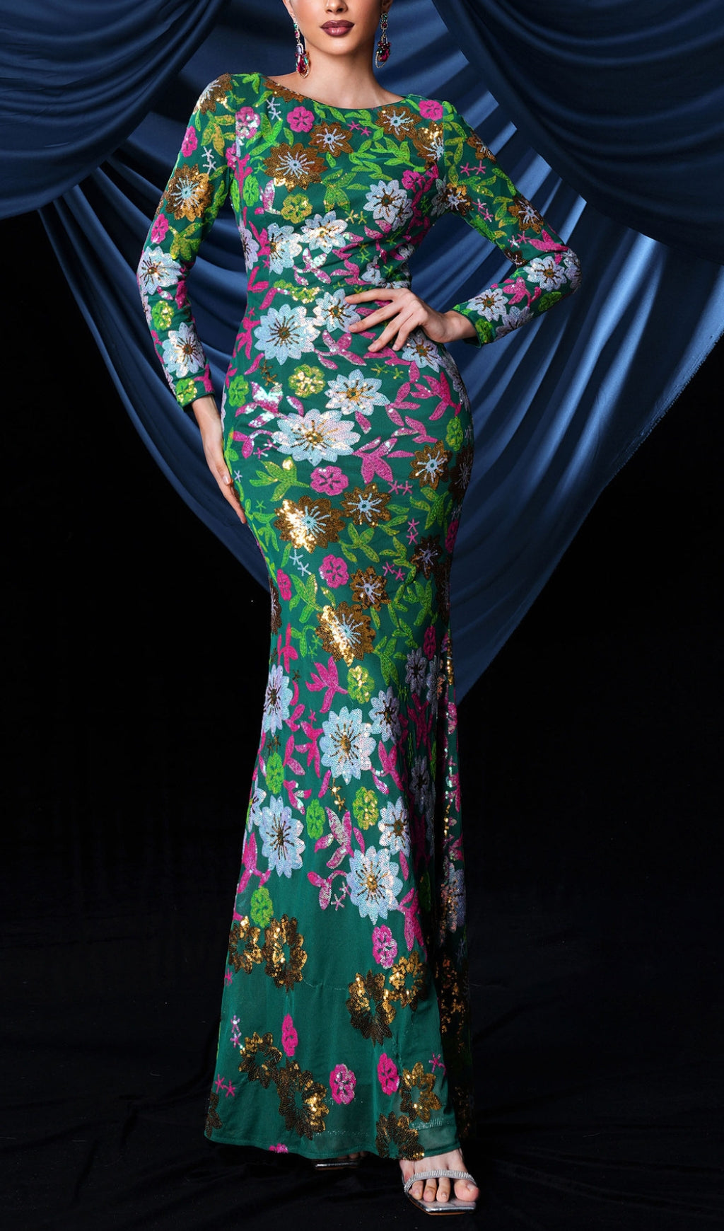 Belle Sequiin Long Sleeve Flower Gown