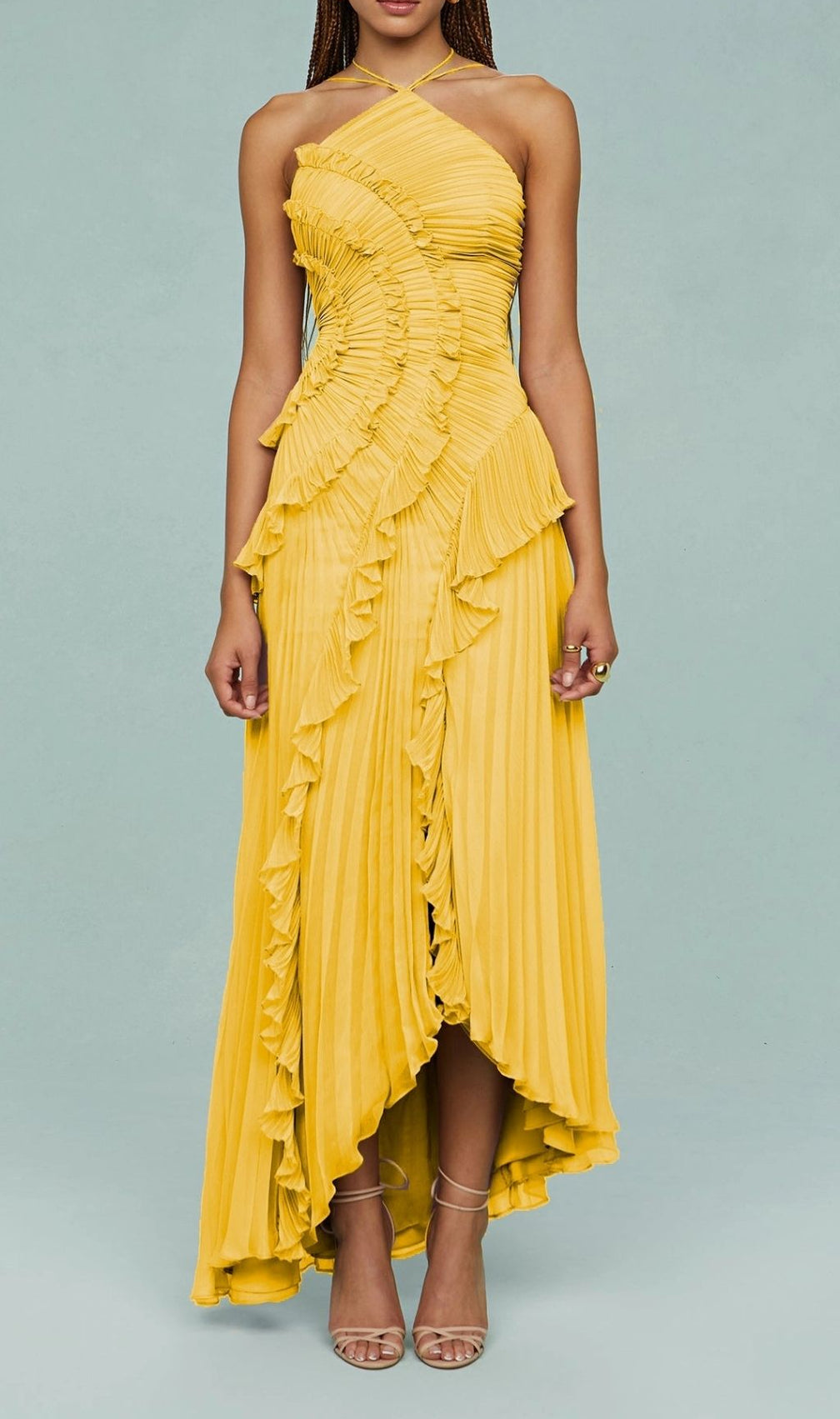 Finneas Vibrant Yellow Halter Pleated Ruffle Maxi Dress