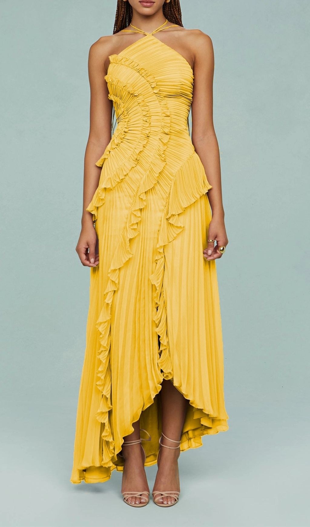 Finneas Vibrant Yellow Halter Pleated Ruffle Maxi Dress