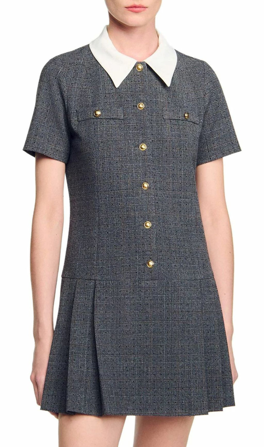 Chic Peter Pan Collar Mini Dress - Gray Tweed with Pleats & Golden Accents