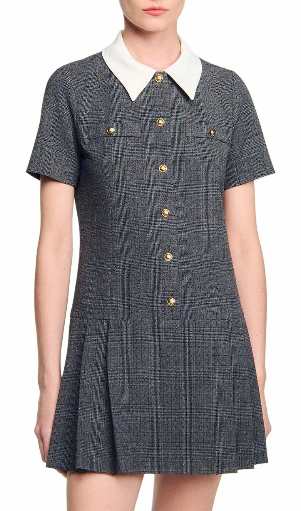 Chic Peter Pan Collar Mini Dress - Gray Tweed with Pleats & Golden Accents