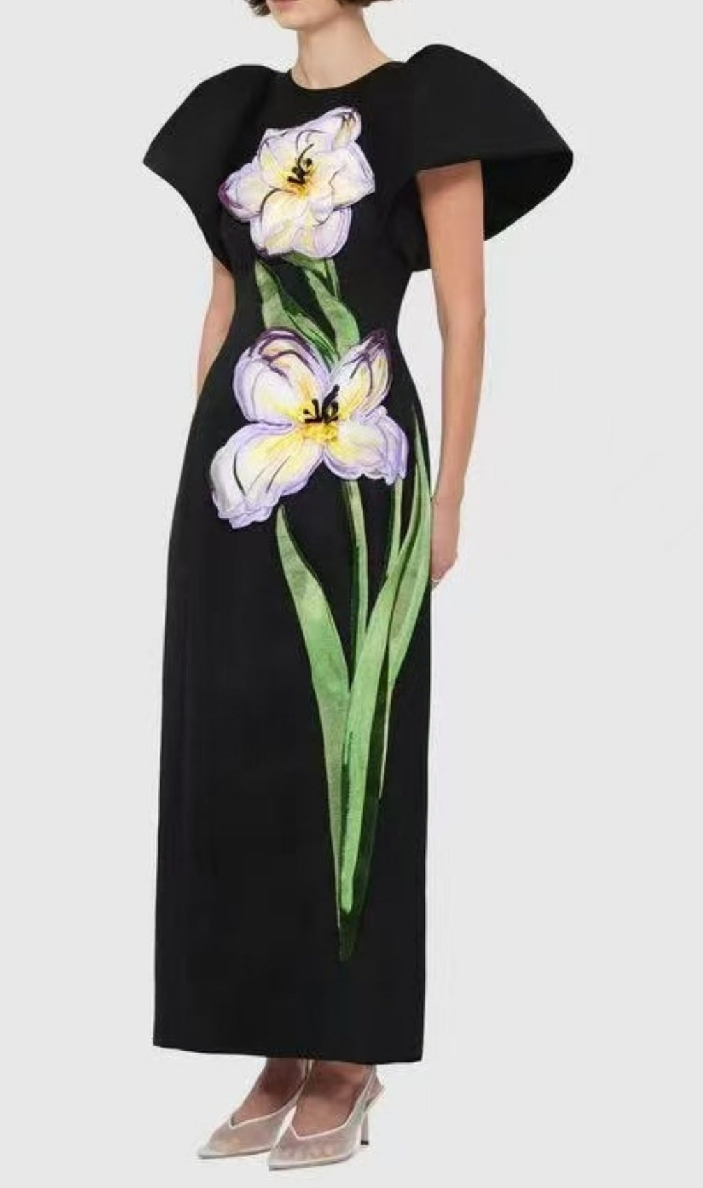 Eadoin Black Flower Puff Sleeve Maxi Dress