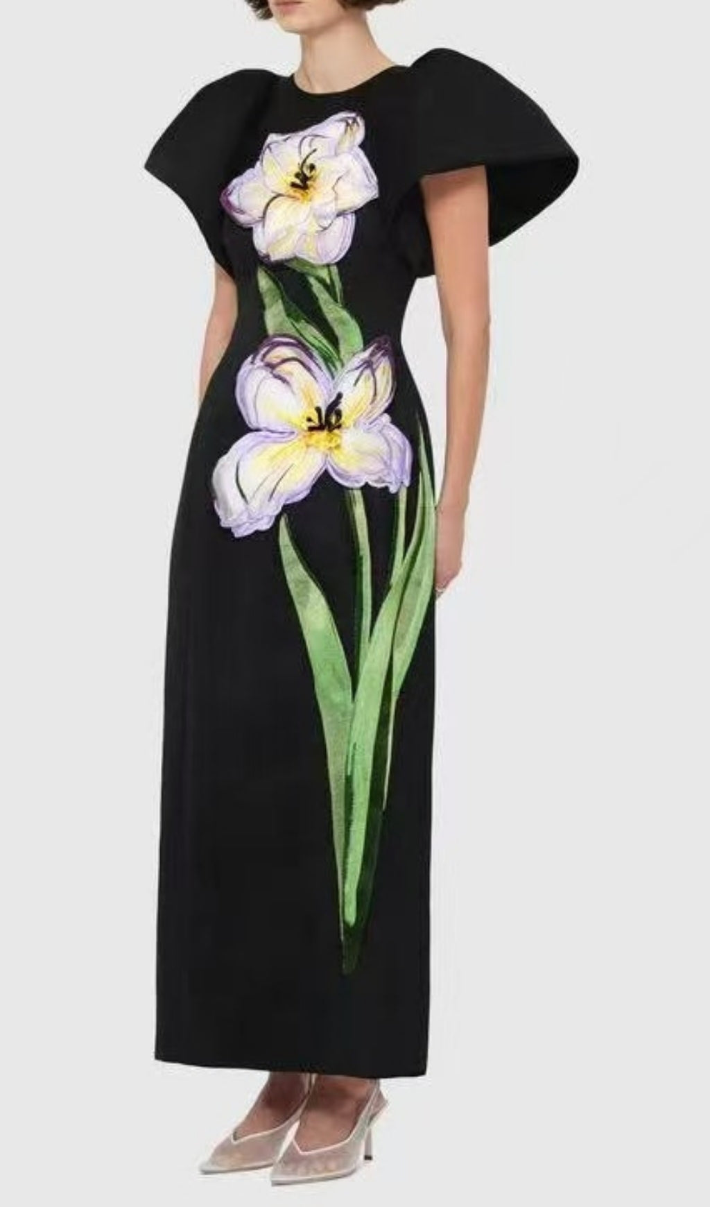 Eadoin Black Flower Puff Sleeve Maxi Dress