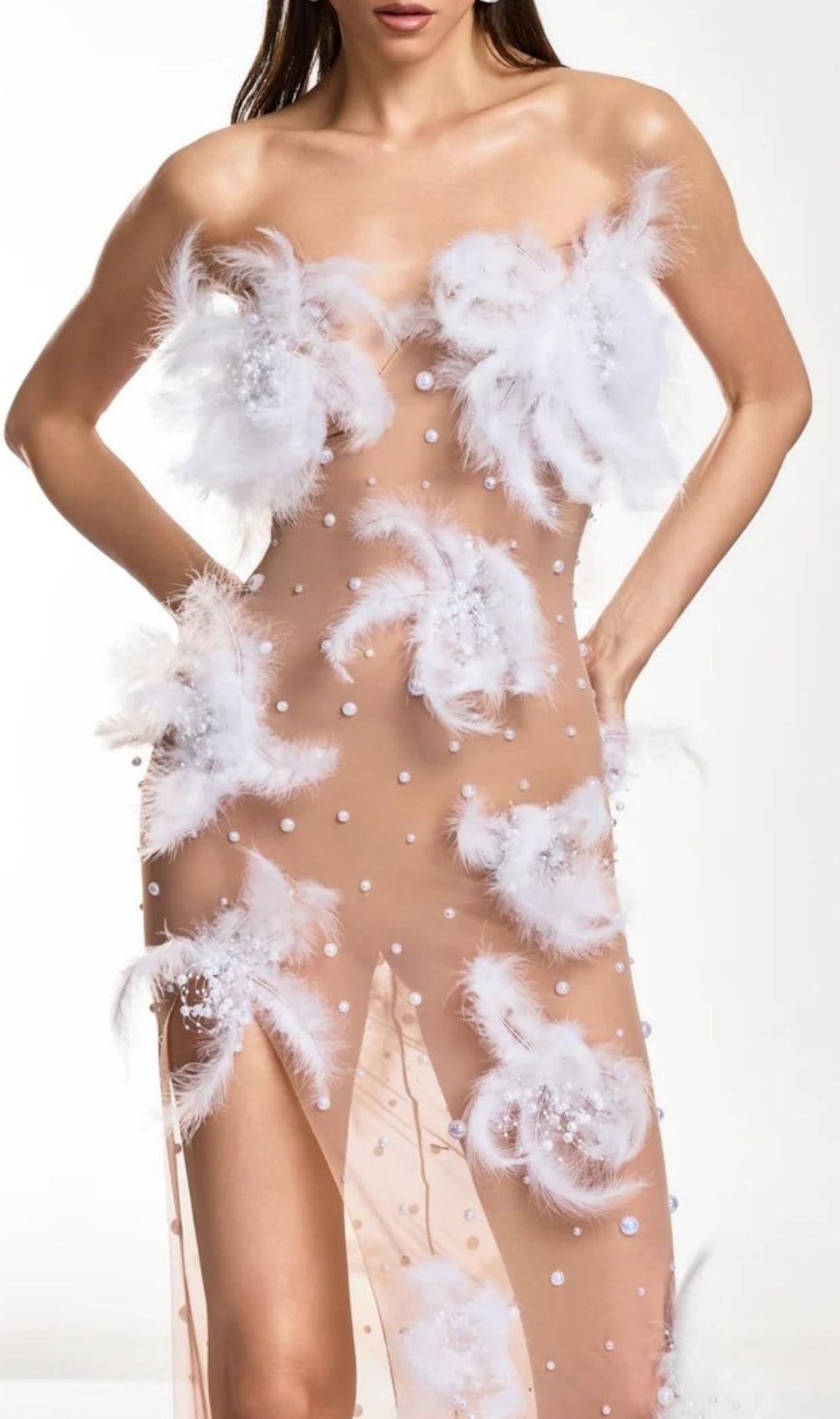 Droven Ethereal Feather & Pearl Strapless Maxi Dress