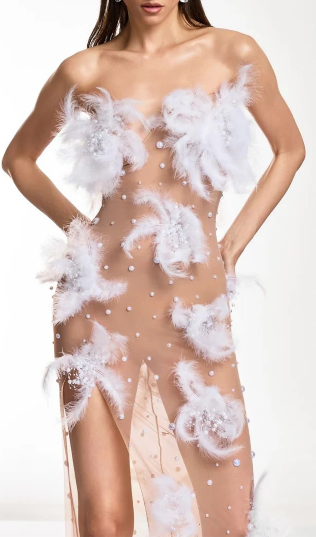 Droven Ethereal Feather & Pearl Strapless Maxi Dress