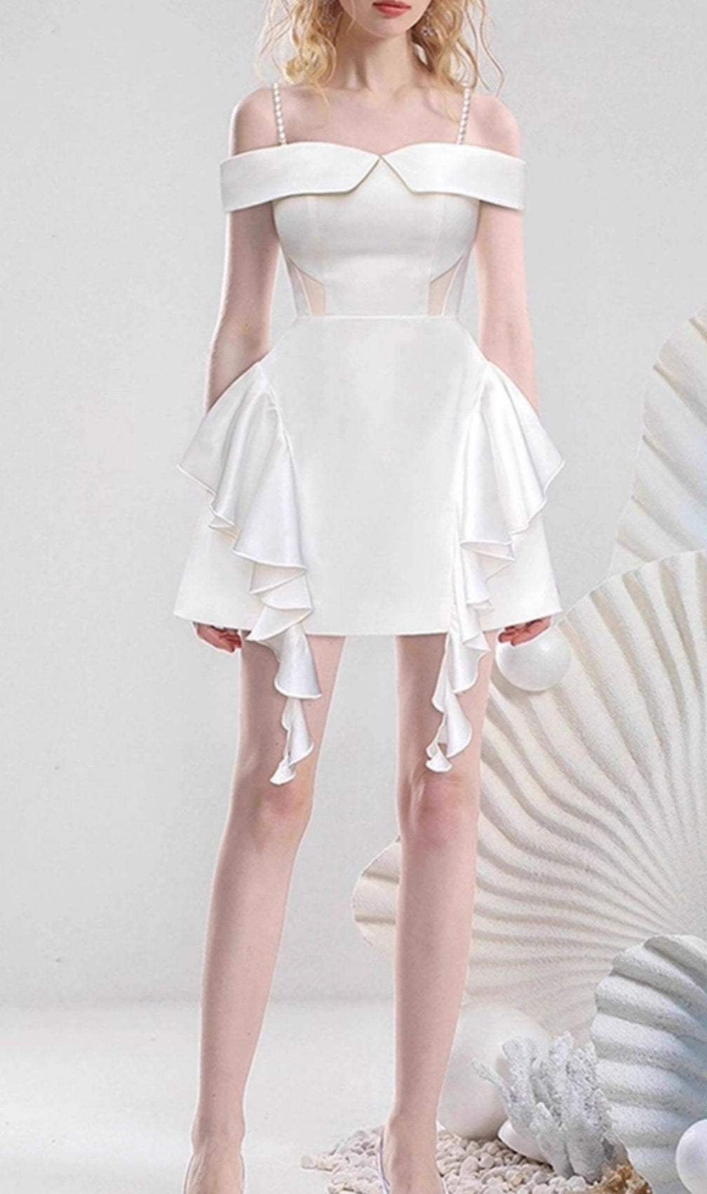 Jayleen White Ruffle Mini Dress | Chic Off-Shoulder with Pearl Straps for Bridal & Parties