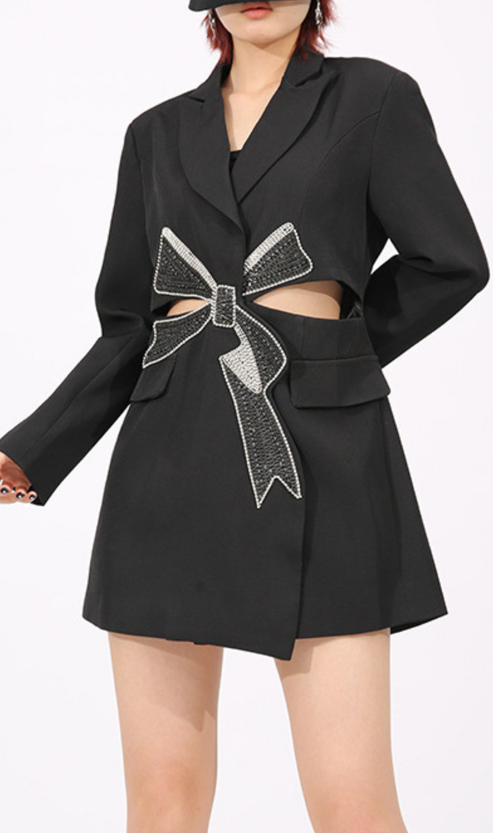 Farida Black Long Sleeve Diamante Bow Mini Blazer Dress