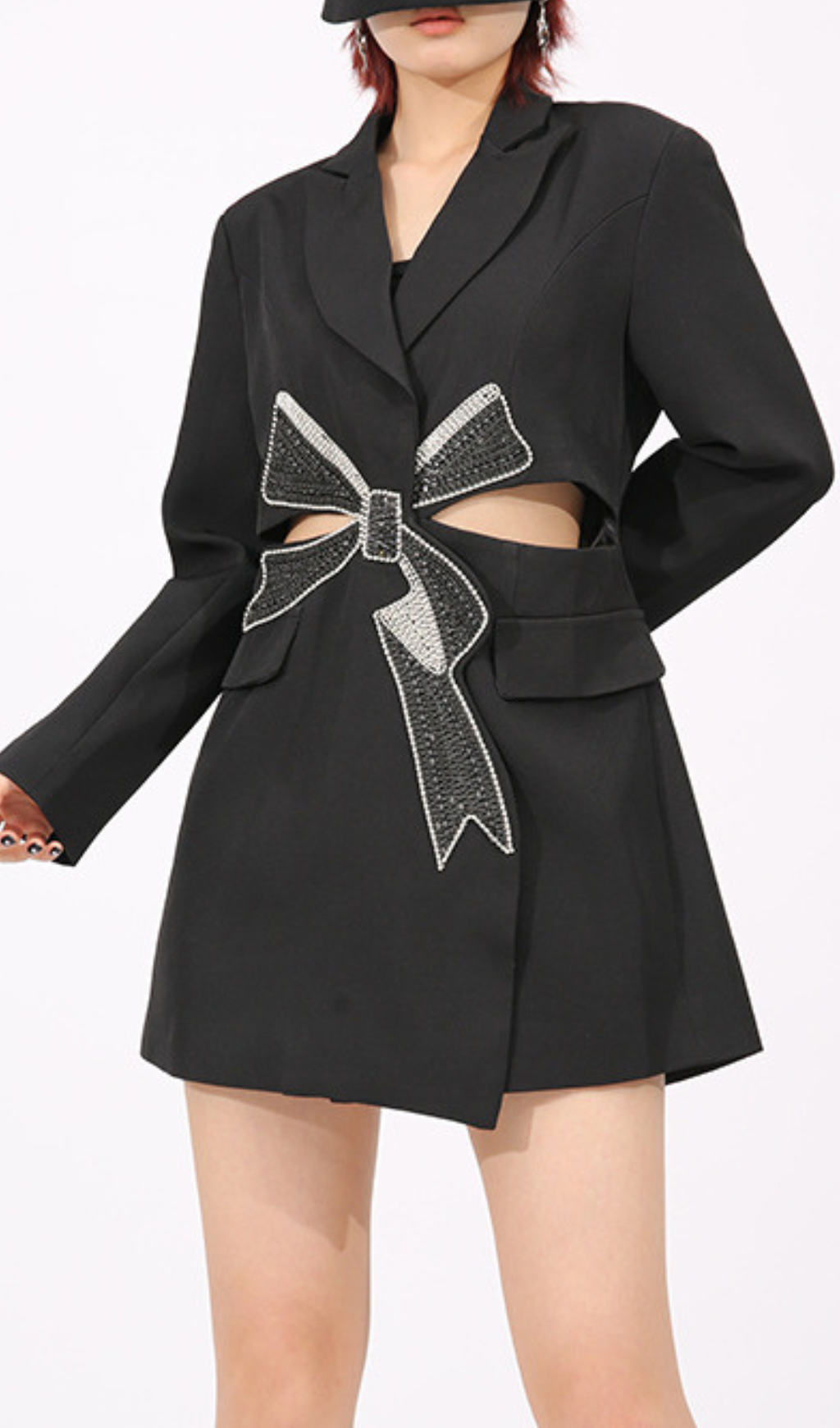 Farida Black Long Sleeve Diamante Bow Mini Blazer Dress