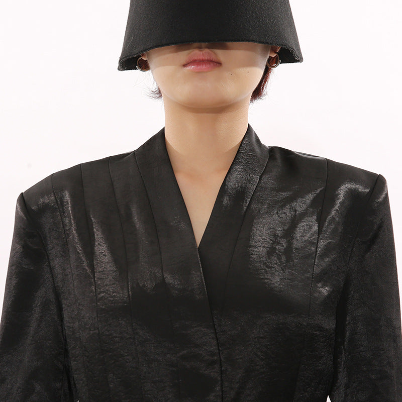 Power Chic: Indigo Black Belted Blazer for Women | Tailored Kimono Jacket with Statement Buckle