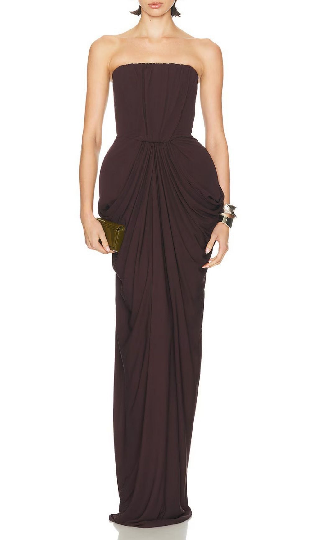 Katrice Luxe Coffee Strapless Ruched Maxi Dress | Elegant Evening Gown