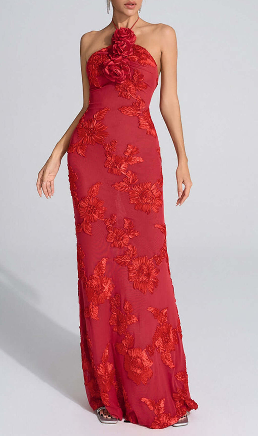 Bambi Red Halter Flower Maxi Dress