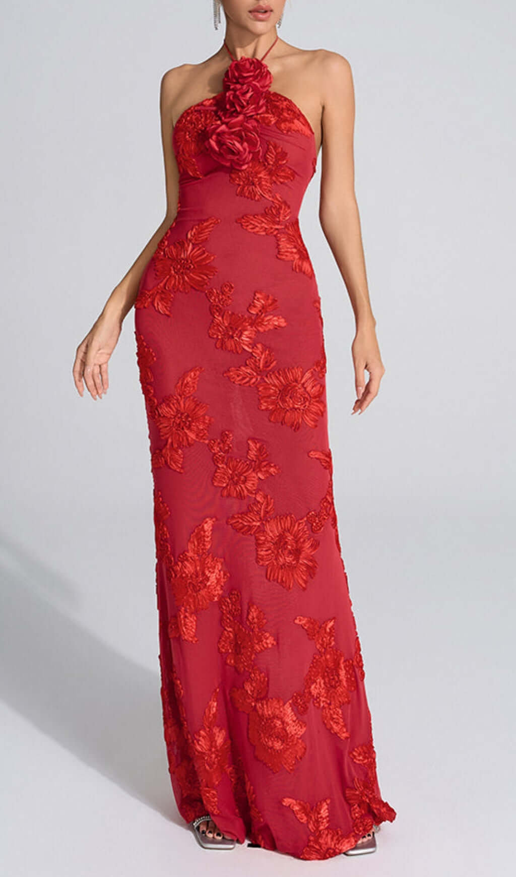 Bambi Red Halter Flower Maxi Dress