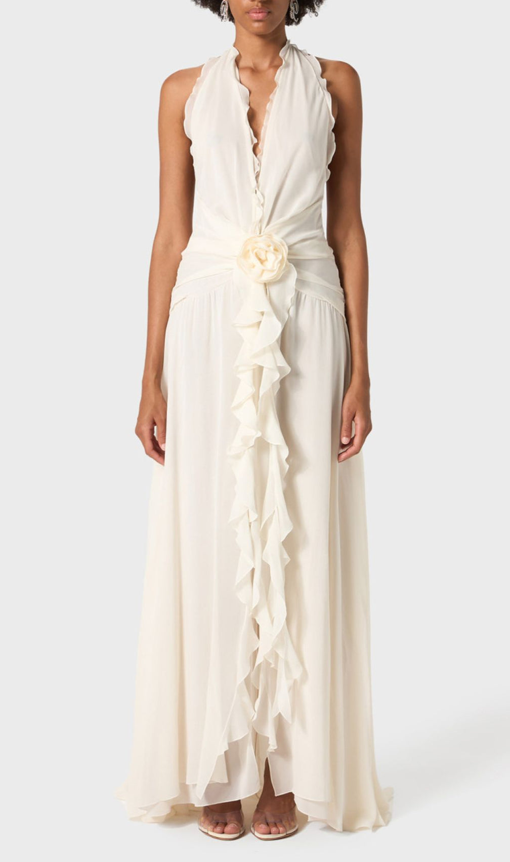Florine Halter Flower Ruffle Maxi Dress
