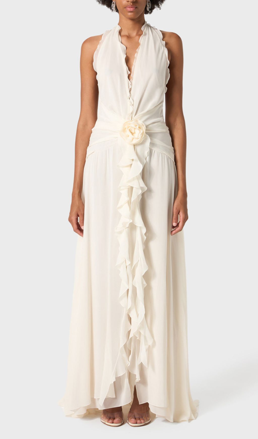 Florine Halter Flower Ruffle Maxi Dress