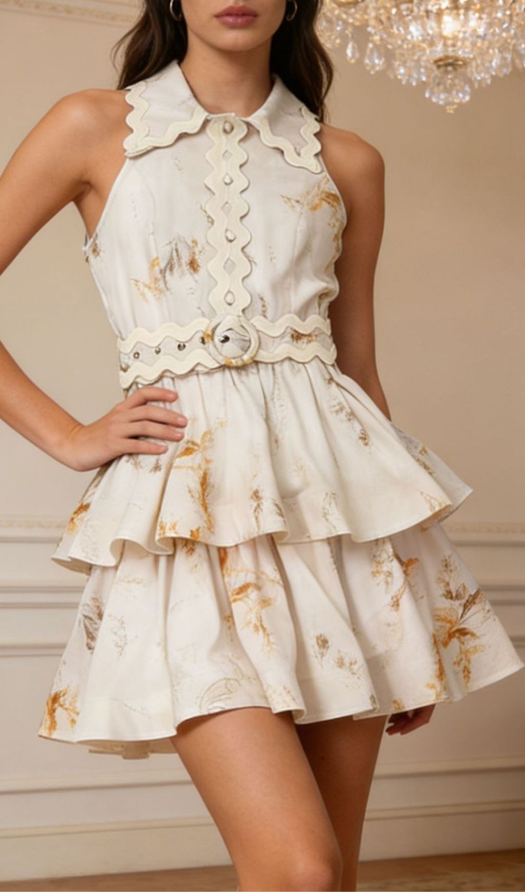 Keaira Chic Floral Halter Mini Dress with Scalloped Trim