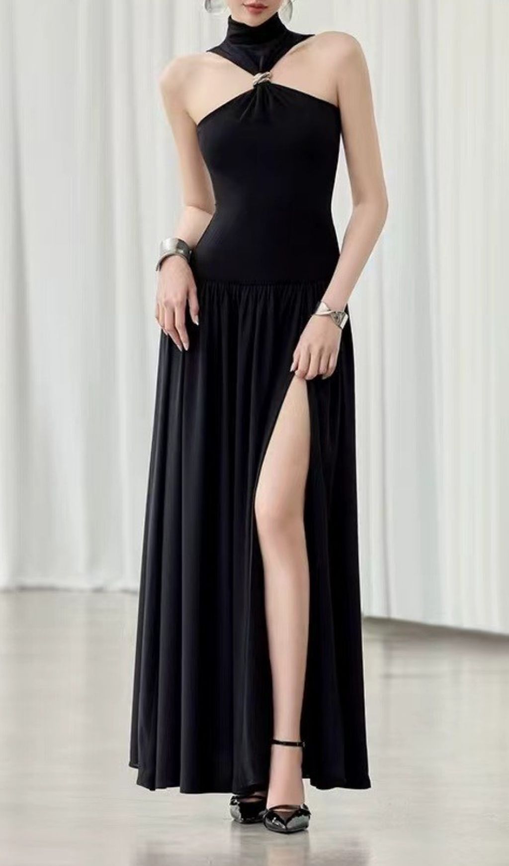 Glamorous Kelley Black Halter Maxi Dress | Daring Slit Evening Gown for Women