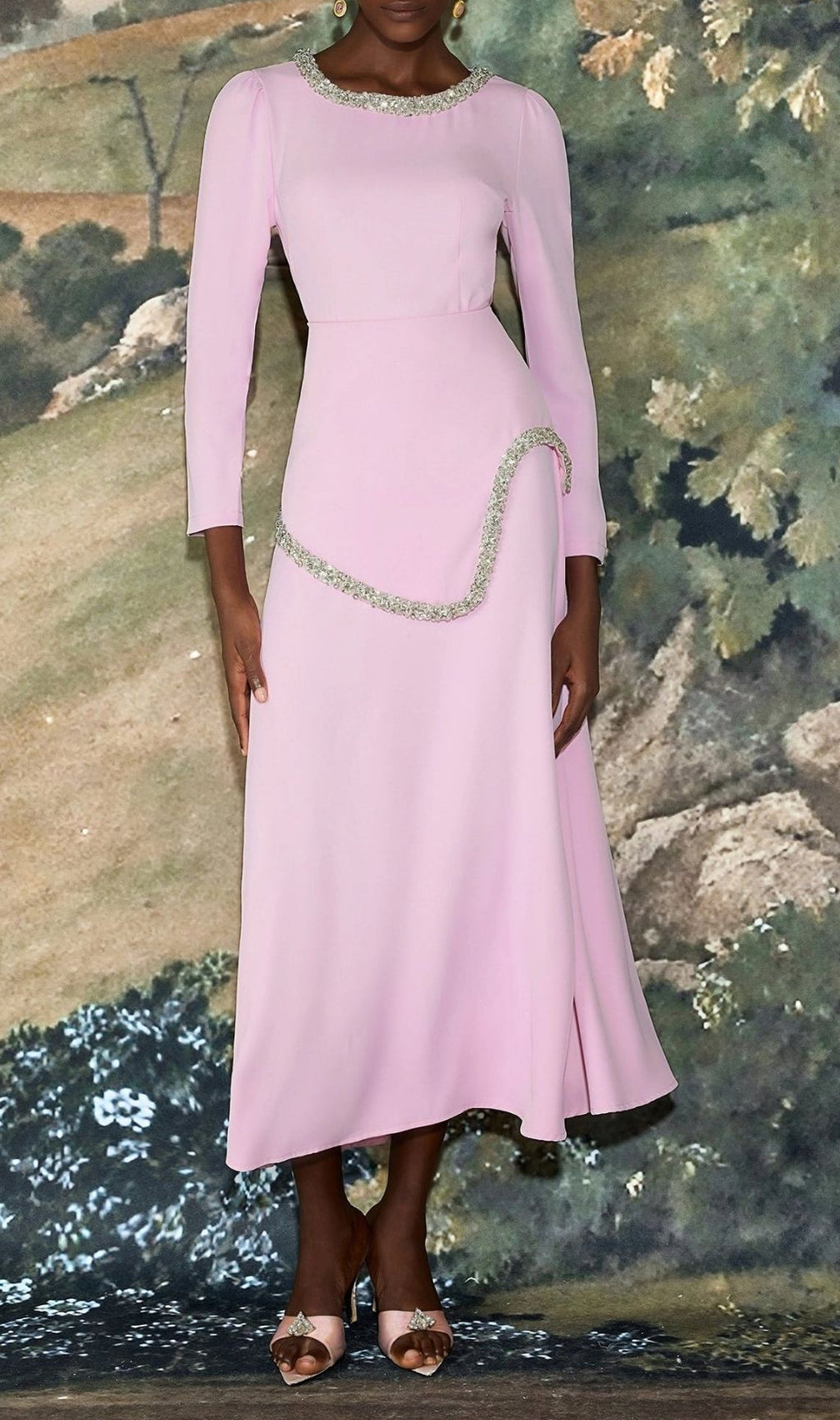 Damla Crystal & Rhinestone Embellished Pink Midi Dress - Elegant Three-Quarter Sleeve Gown