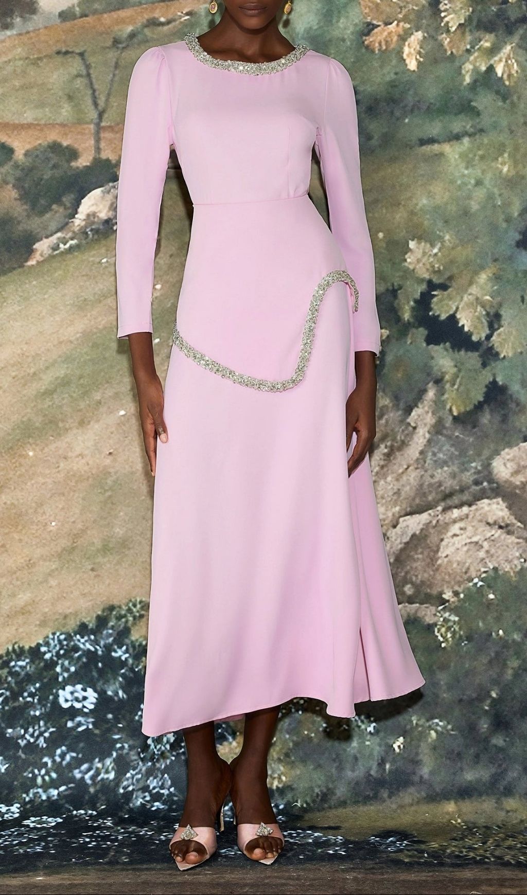 Damla Crystal & Rhinestone Embellished Pink Midi Dress - Elegant Three-Quarter Sleeve Gown
