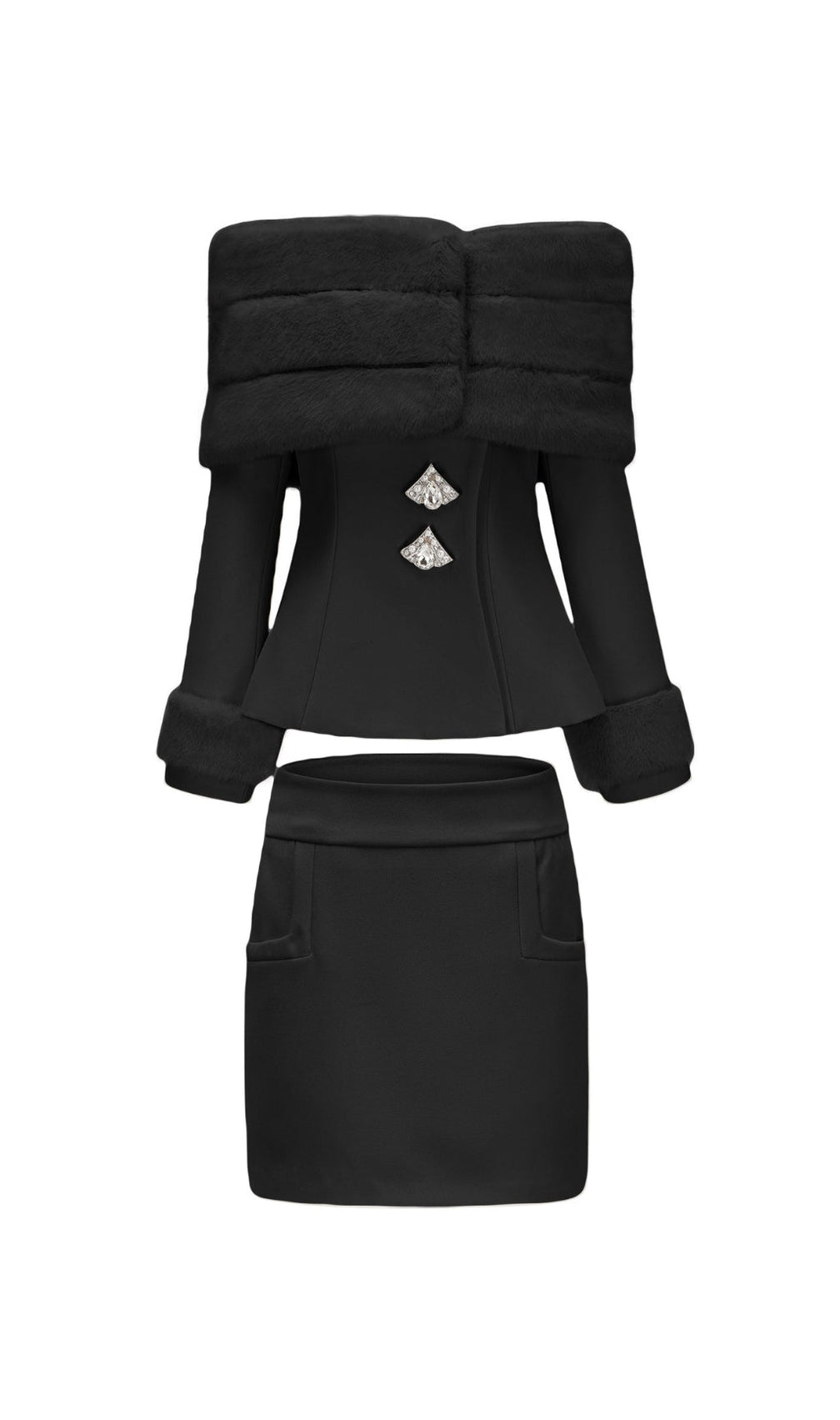 Balthasar Luxury Faux Fur Off-Shoulder Jacket & Mini Skirt Set | Elegant Winter Co-ord