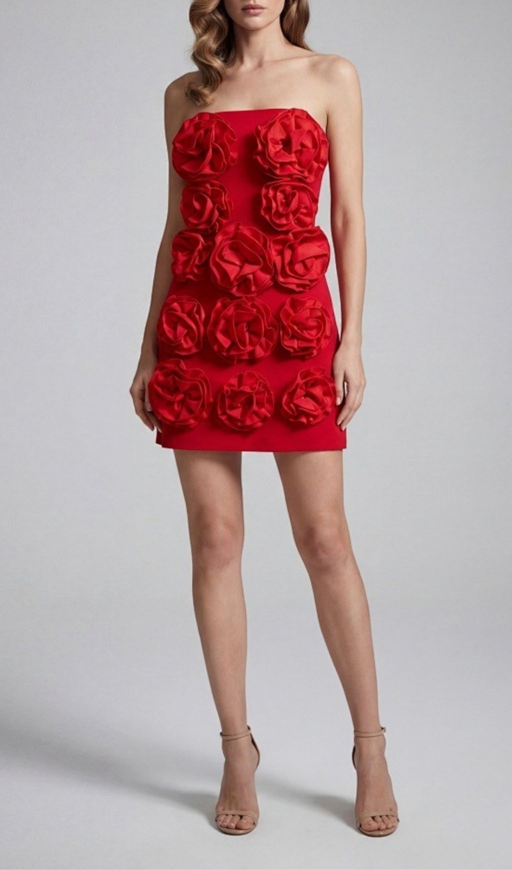 Kazuye Red Strapless Rose Appliqué Mini Dress | Date Night & Cocktail Party Ready