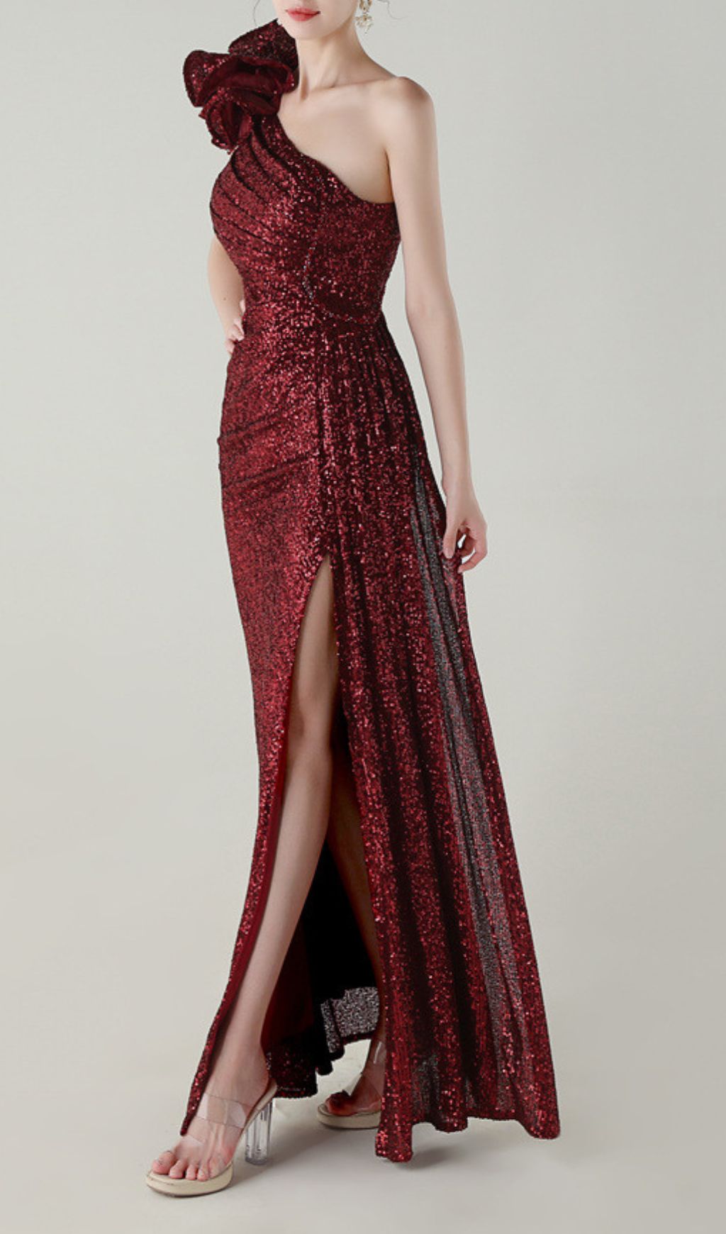 Ikia Glamorous Red Sequin One-Shoulder Maxi Dress with High Slit