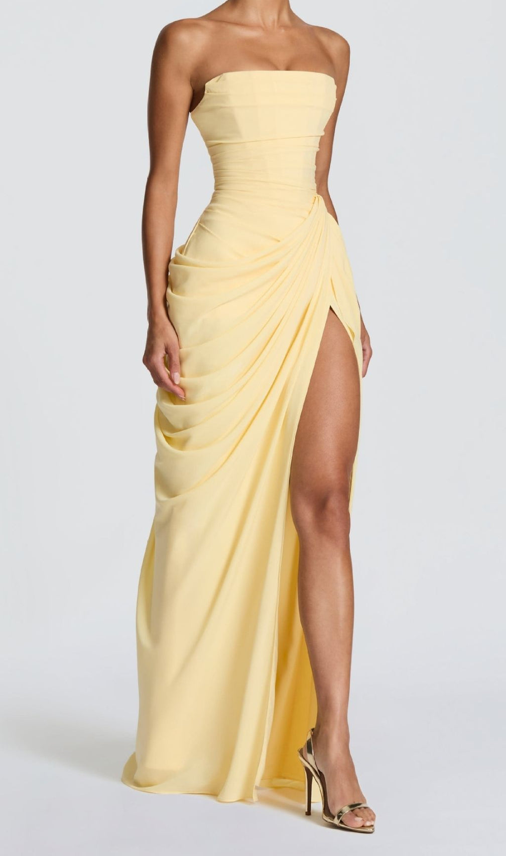 Kellyn Yellow Strapless Corset Maxi Dress with High Slit | Elegant Formal Gown