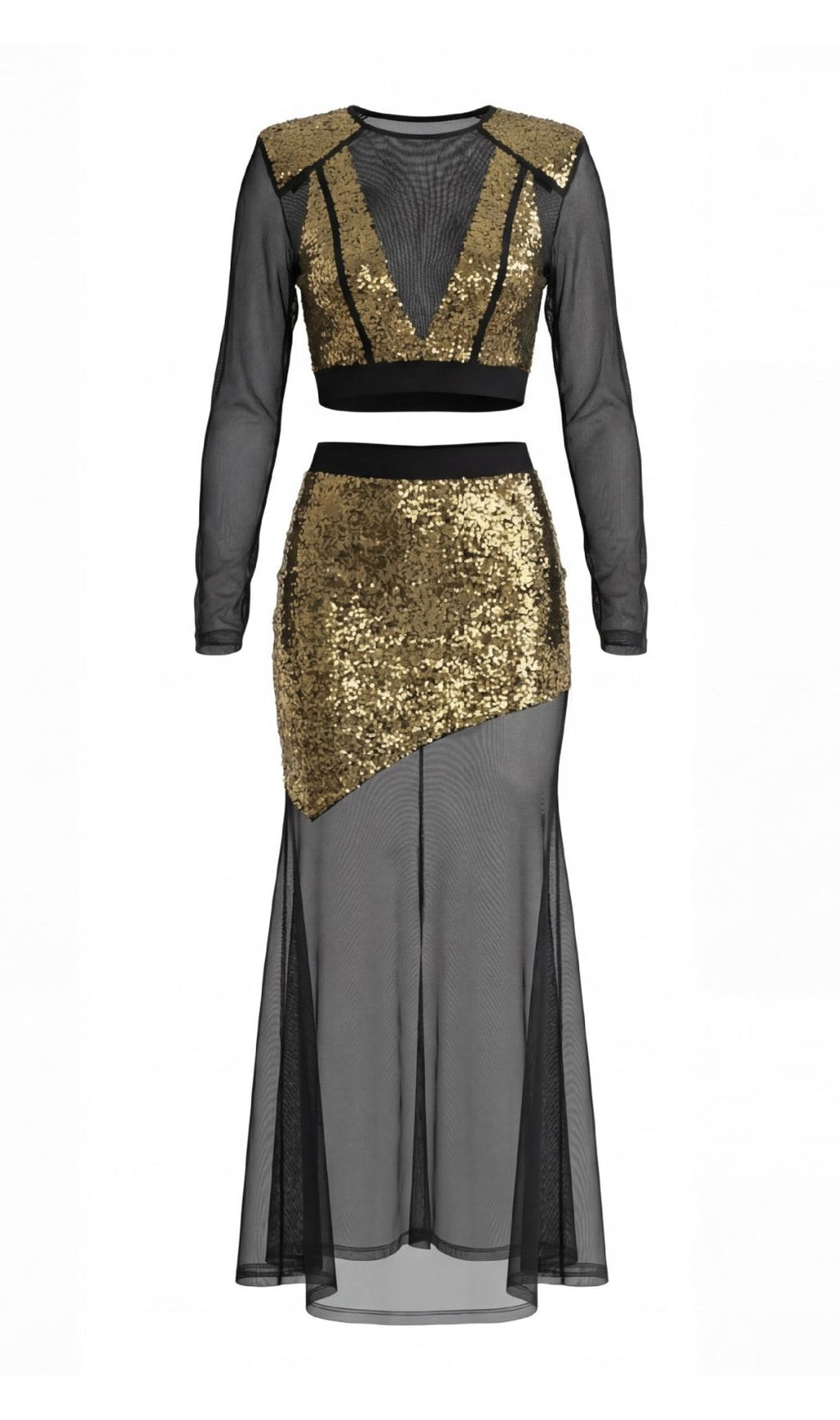 Jaivan Glam Gold Sequin Crop Top & Sheer Mesh Maxi Skirt Set