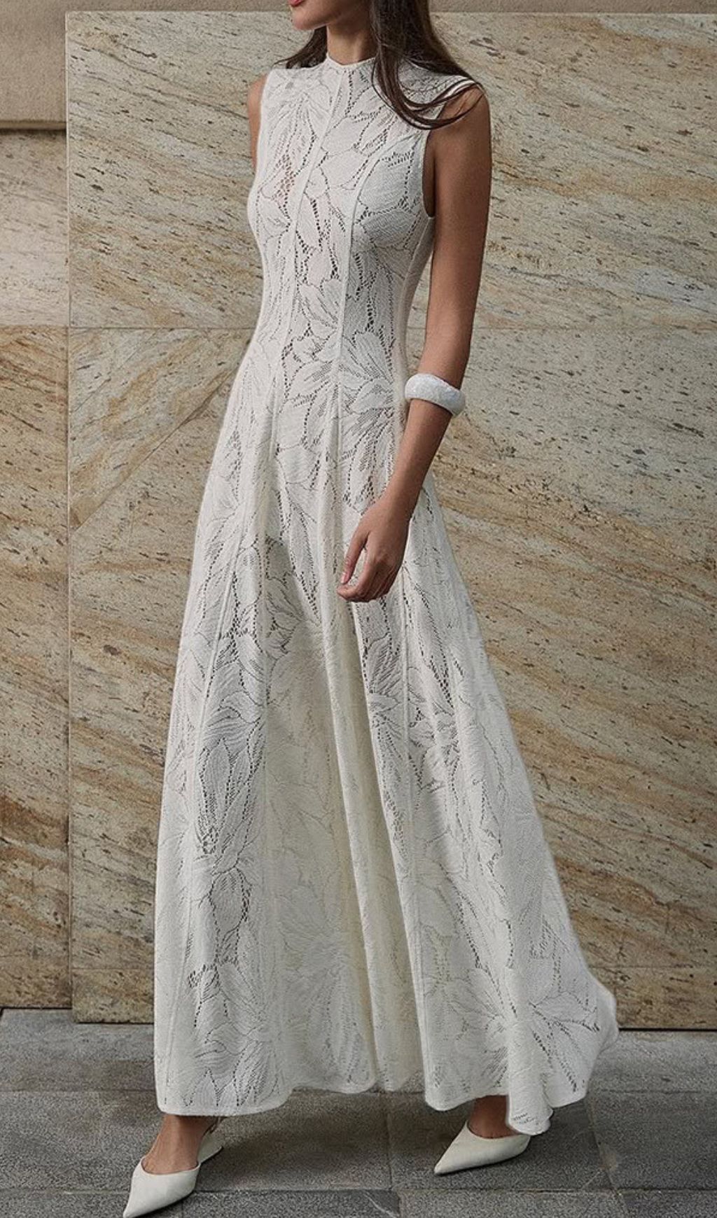 Flo White Leaves Lace Embroidery Maxi Dress