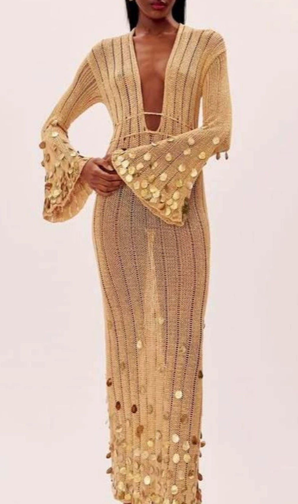 Honza Dazzling Gold Sequin Knit Maxi Dress - Effortless Glamour