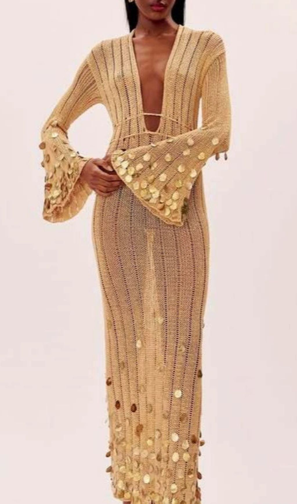 Honza Dazzling Gold Sequin Knit Maxi Dress - Effortless Glamour