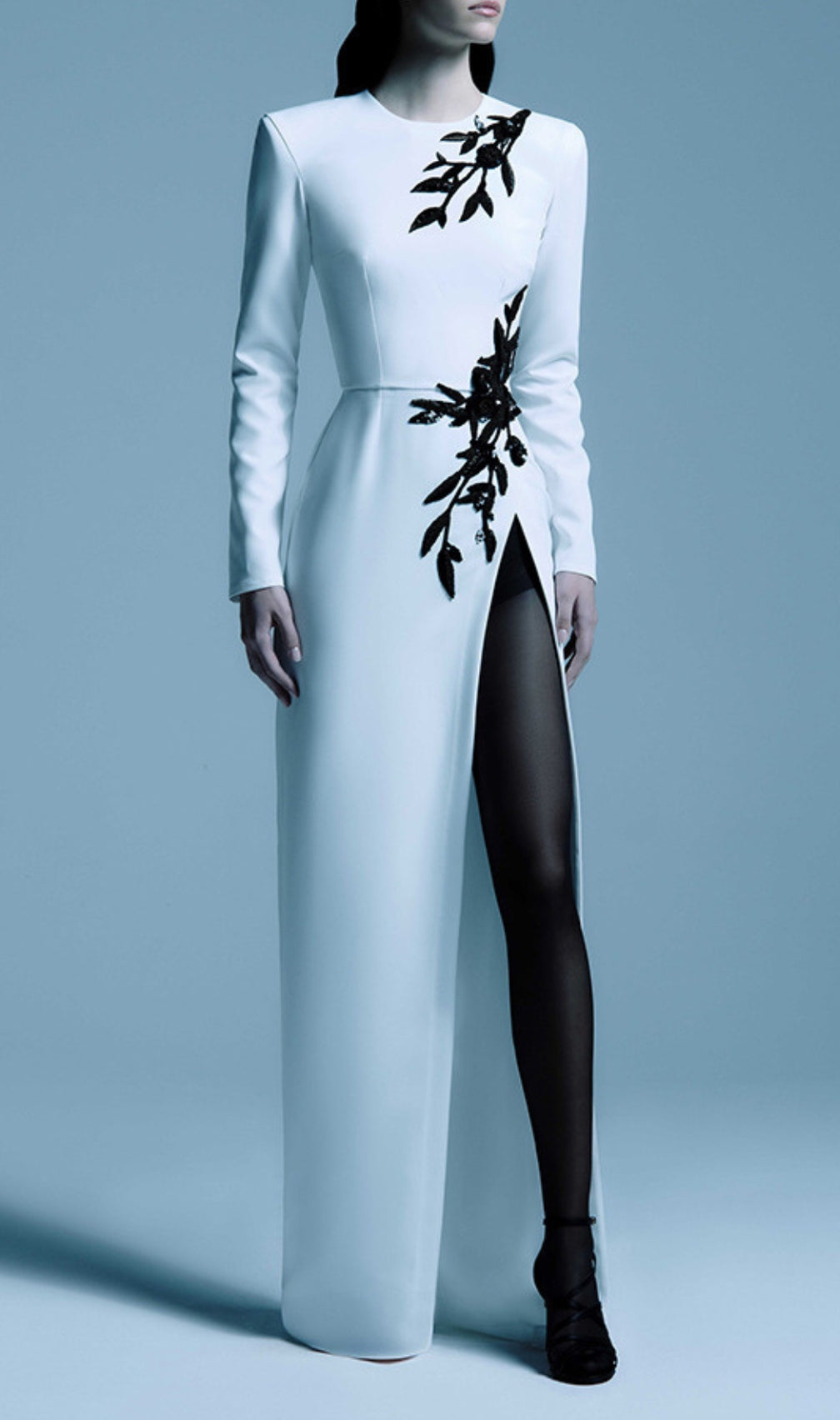 Graeme White Beaded Flower Long Sleeve Maxi Dress
