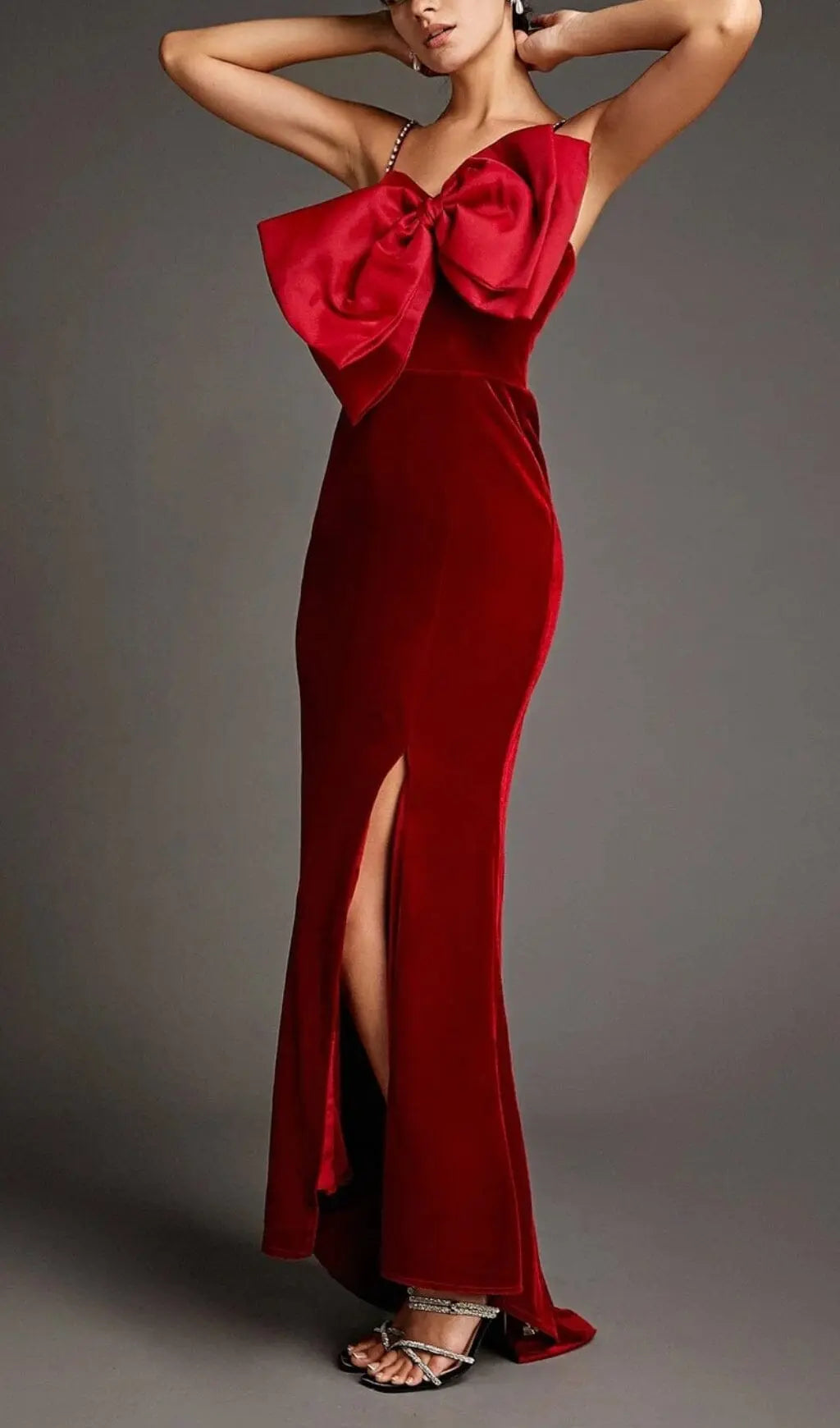 Dark Red Front Bow Side Slit Mermaid Maxi Dress